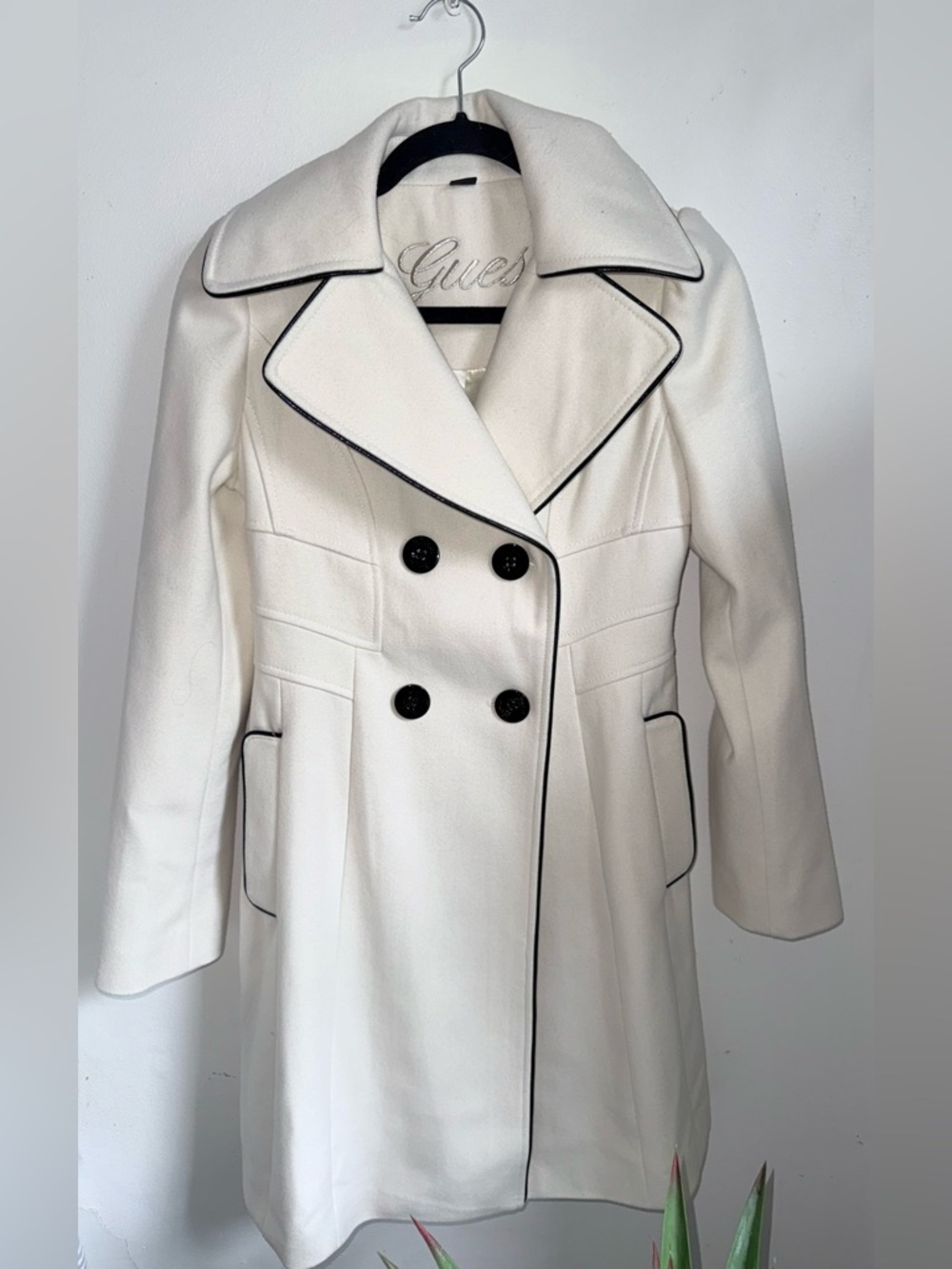 Guess Ivory Double-Breasted Trench Coat with Black Piping Size XS